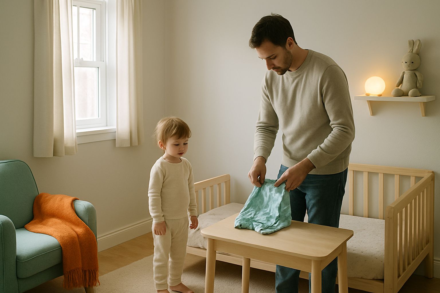 You fold your child's pajamas beside the bed in a dimly lit bedroom while your toddler stands nearby at night.