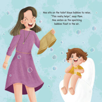 Page from Noa's Potty Training Journey: Noa blows bubbles to relax on the toilet