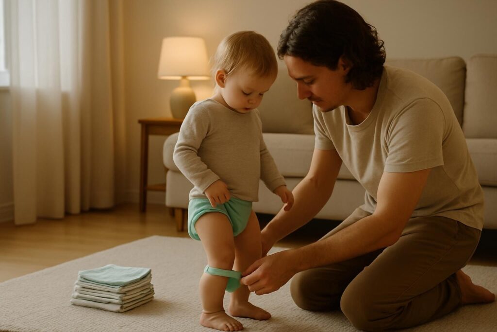 A parent kneeling beside a toddler helping them step into underwear in a bright living room.