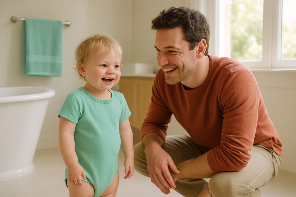 A parent crouches beside a smiling toddler standing in a bright, spacious bathroom.