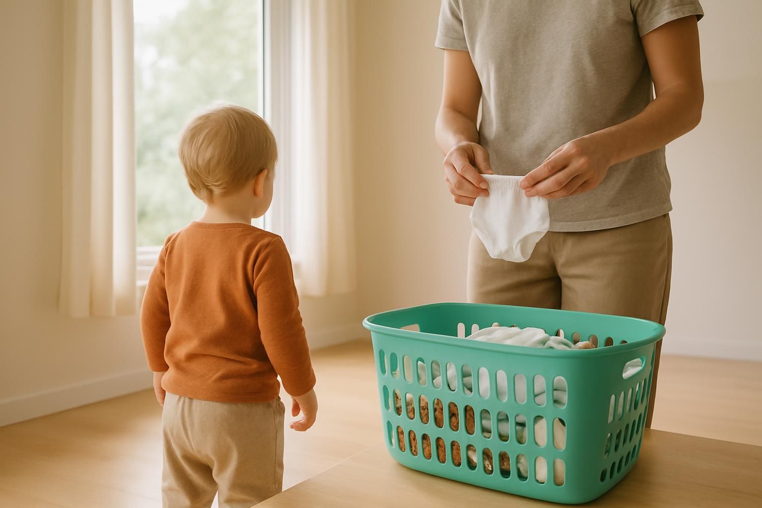 A parent folds small cotton underwear at a sunny window while a toddler stands beside them.