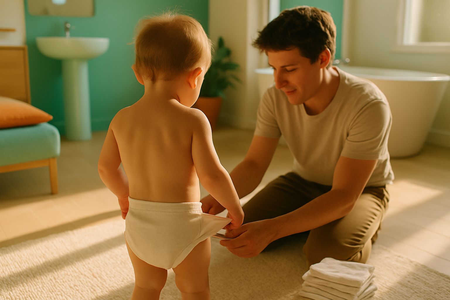 A parent kneels on a rug helping a toddler step into underwear in a sunlit living room.