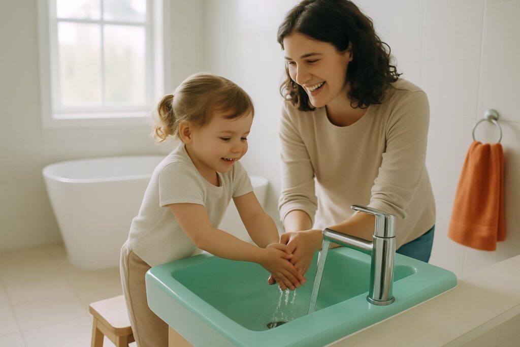A toddler stands on a step stool washing her hands at the sink while her mother stands next to her in a bright, spacious bathroom.
