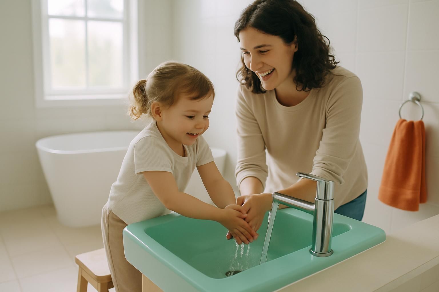 A toddler stands on a step stool washing her hands at the sink while her mother stands next to her in a bright, spacious bathroom.