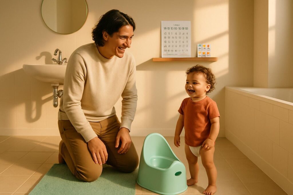 You and your toddler sitting together near the potty during a calm moment of toilet training.