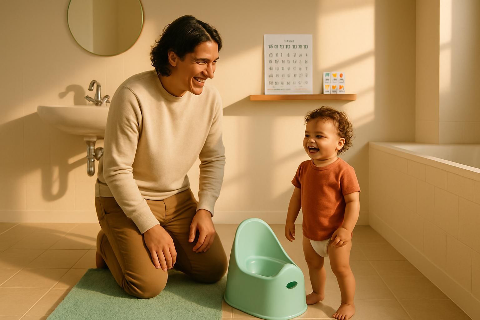 You and your toddler sitting together near the potty during a calm moment of toilet training.