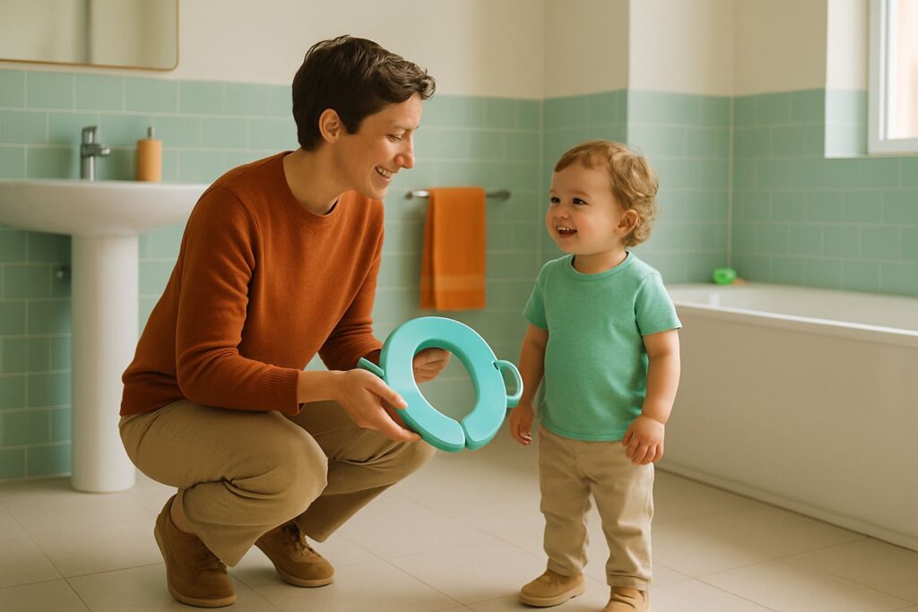 A parent helping a toddler use a folding travel potty seat at a rest stop during a car trip