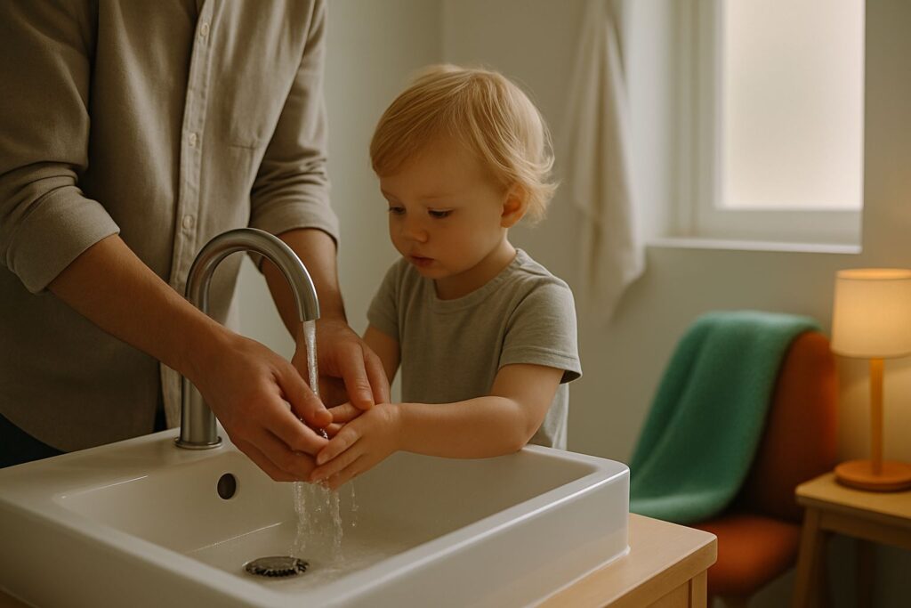 A parent and toddler stand side by side washing their hands at a bathroom sink in soft morning light.