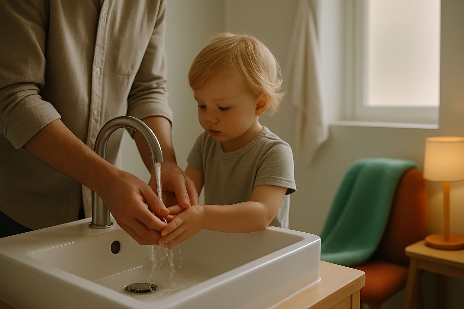 A parent and toddler stand side by side washing their hands at a bathroom sink in soft morning light.