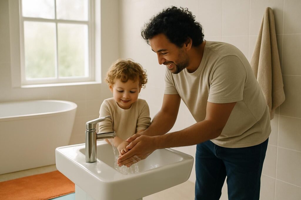 A parent and toddler stand together at a bathroom sink washing their hands in natural light.
